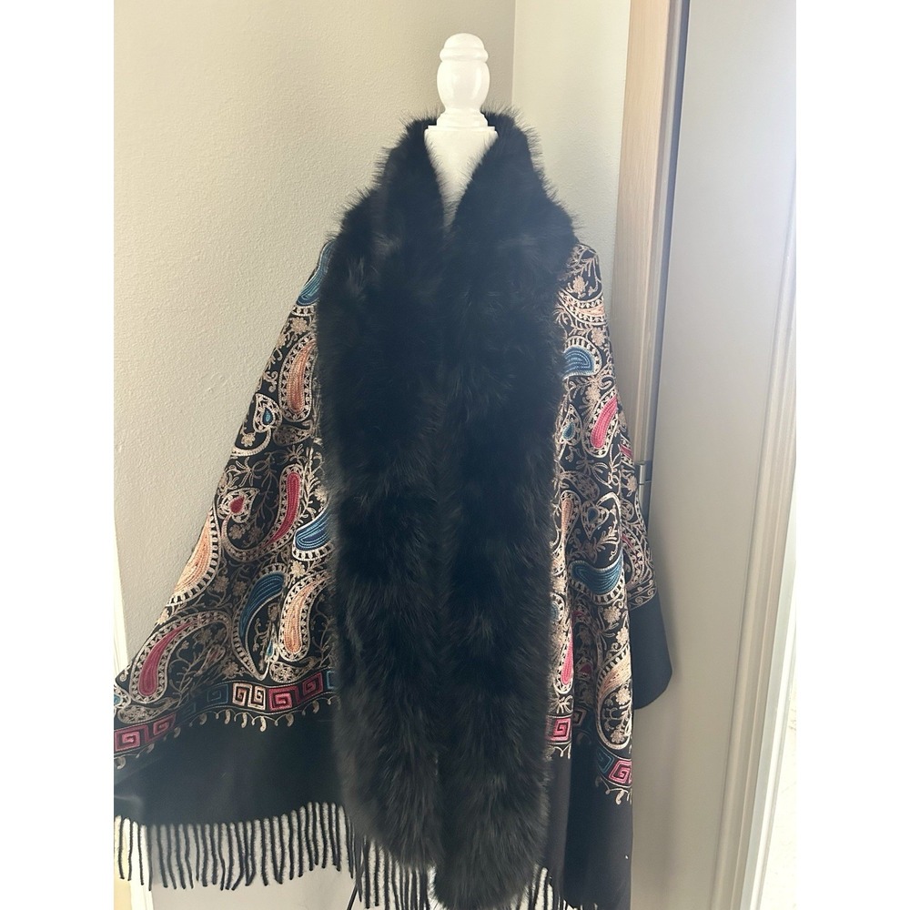Embroidered Paisley Print Multicolor Fur Cashmere Shawl Boho Festival Maximalism
